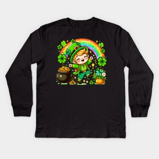 A cute Irish Lad dancing an Irish jig celebrates St Patrick's Day with a rainbow pot of gold and shamrocks Irish Pride Irish American four leaf clovers Irish dance Kids Long Sleeve T-Shirt